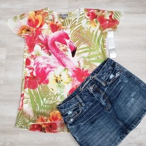 NEW JM Collection Sparkly Flamingo Tropical Floral Top sz S